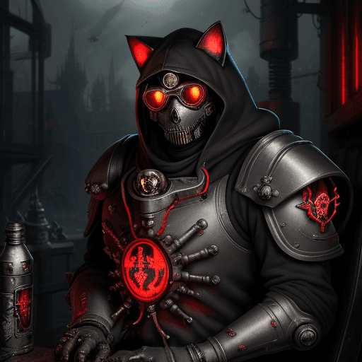 AI generated: cat in power armor-hoodie adeptus mechanicus, eyepieces, finely detailed armor, looking away, encrus...