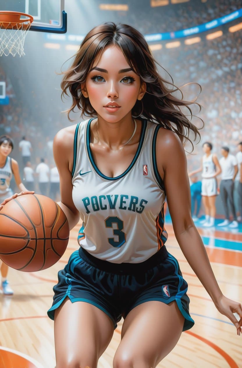 AI generated: a ultradetailed beautiful panting of a woman dribbling a basketball, by conrad roset, greg rutkowski...