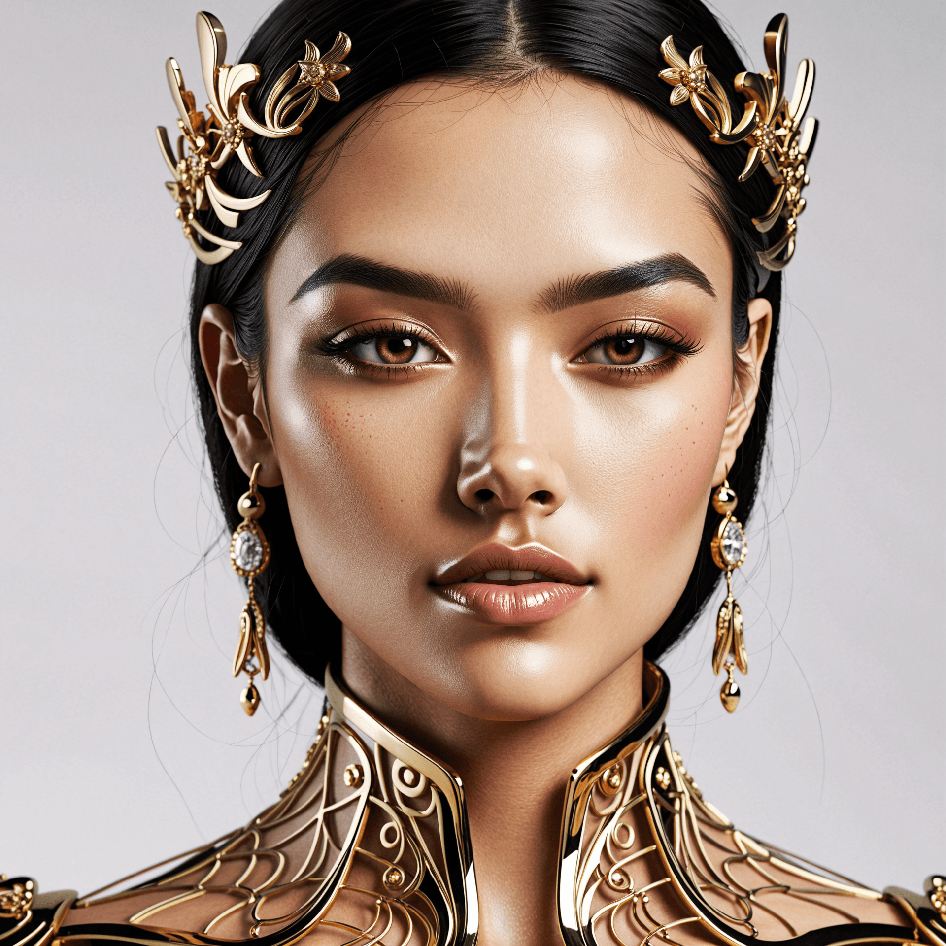 AI generated: a woman with a large jaw and gold teeth, in the style of futuristic minimalism, restrained forms, da...