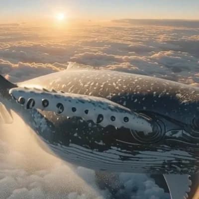 AI generated video: The surreal scene seen from the plane window, a blue whale leaping out of the fluffy white clouds fr...