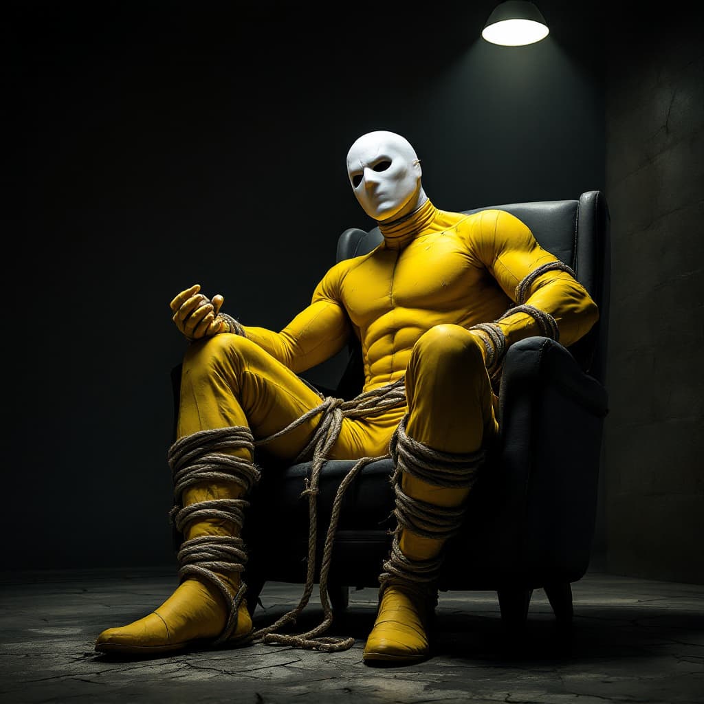 AI generated: A heroic figure dressed in a bright yellow suit, once confident and strong, now sits helplessly boun...
