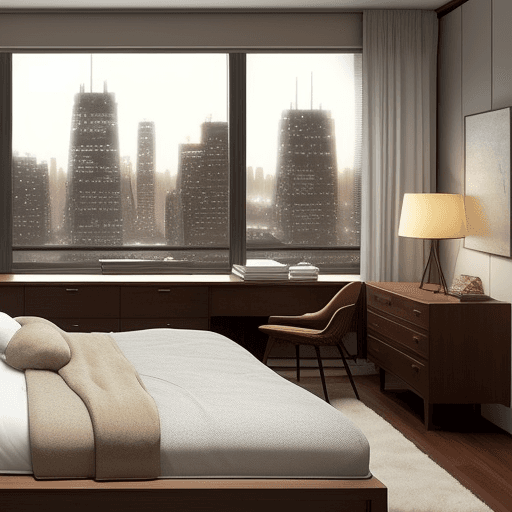 AI generated: 
A cozy, tranquil bedroom with a serene mood in the mid-century modern design style with a cityscape...