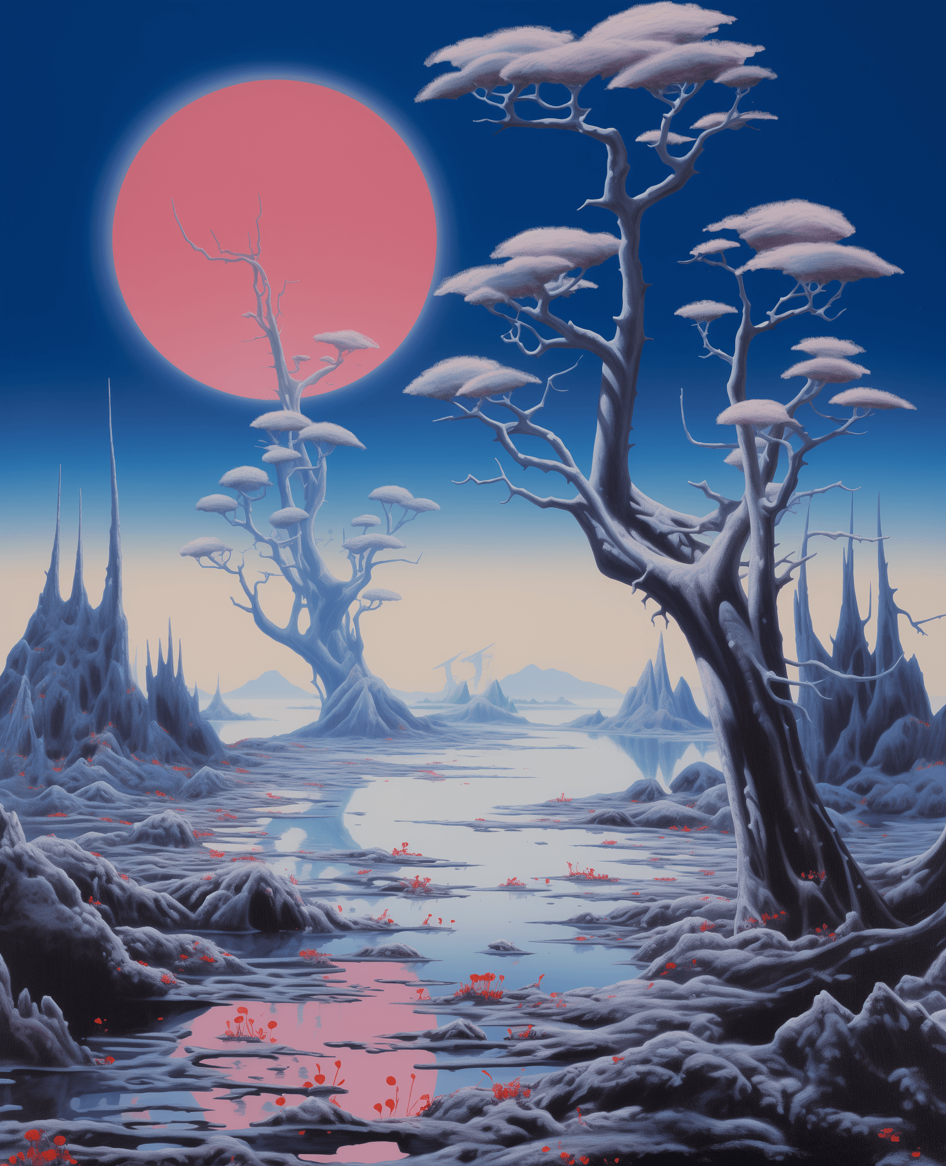 AI generated: blue sky, blue sea, alien landscape with strange plants and trees in the style of Roger Dean, vivid ...