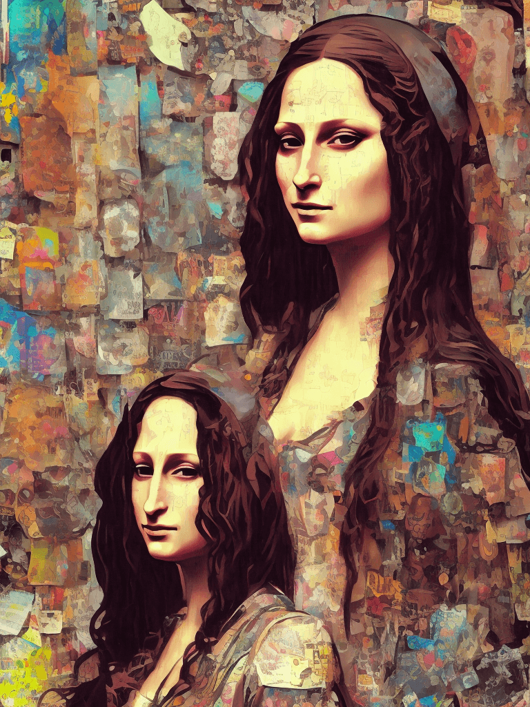 AI generated: Portrait of Mona Lisa, character design, photorealism, detailed hair, punk art, acid punk, cluttered...