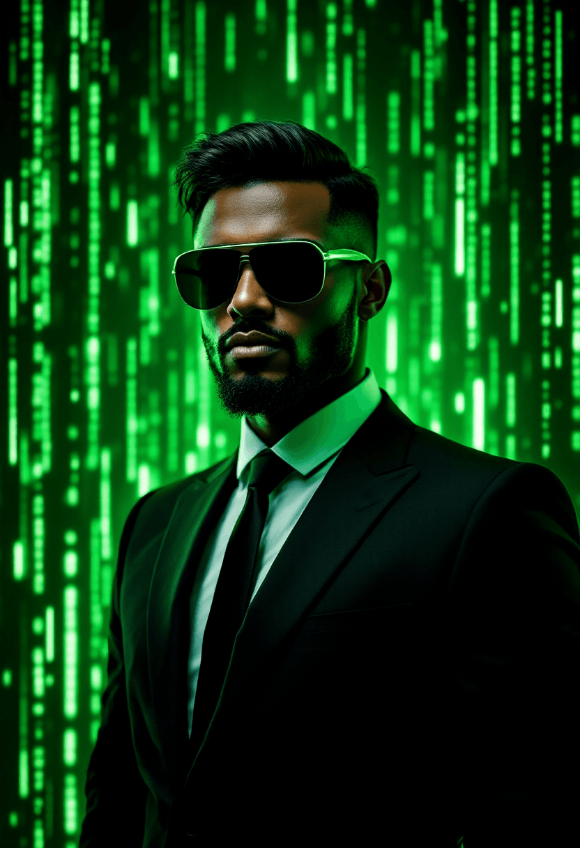 AI generated: The background is a dynamic, glowing matrix grid in a vibrant light green color, with streams of dig...
