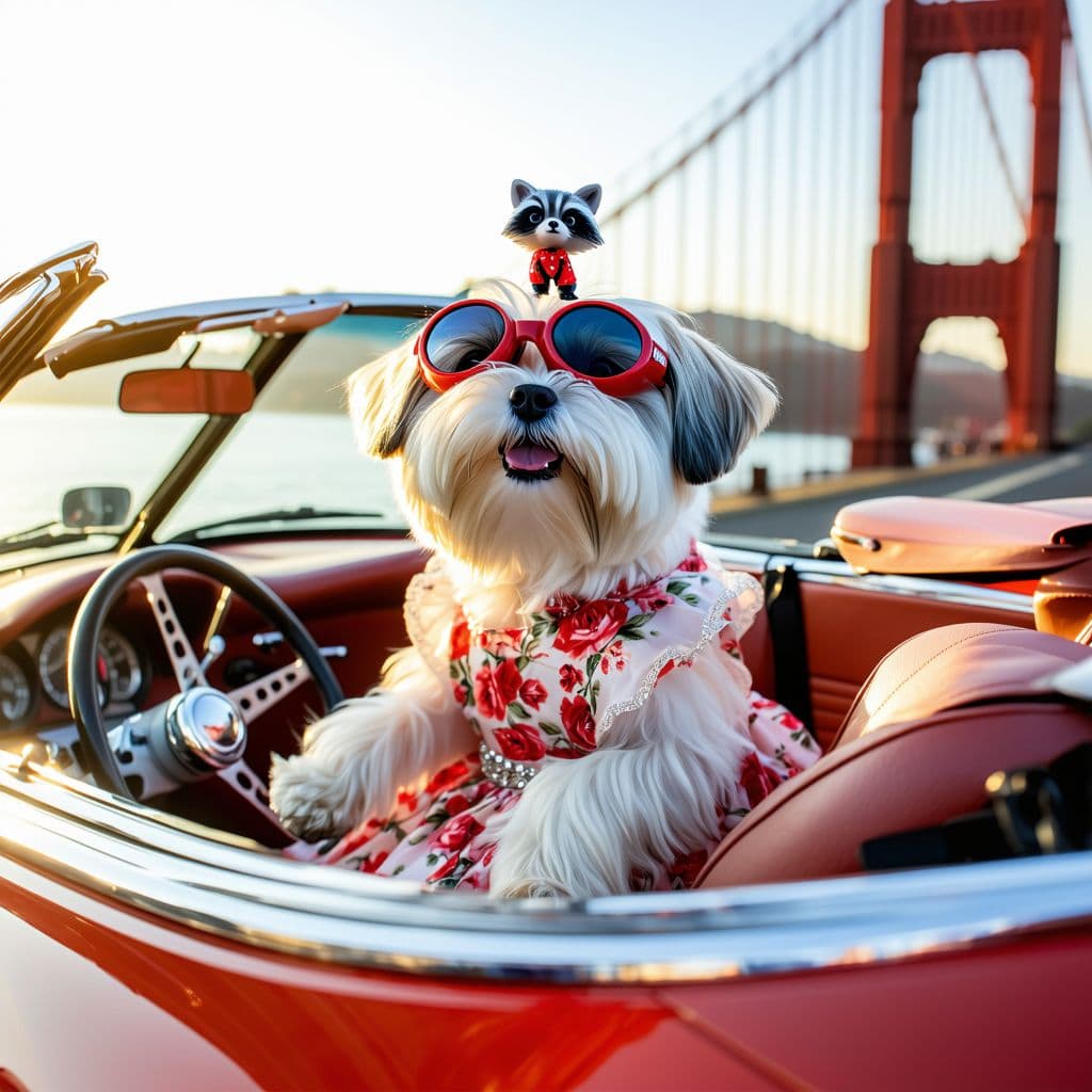 AI generated: (Cream-colored shih tzu l:1.3) draped in a (floral sundress:1.2) and (jeweled collar:1.1), pilots a ...