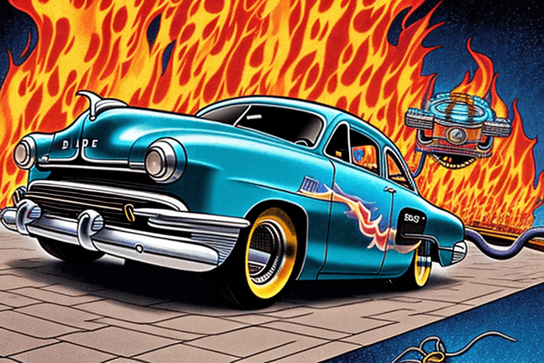 AI generated: 1950's hot rod blue  with flames, american diner, roller skating girls, cinematic, masterpiece, art ...