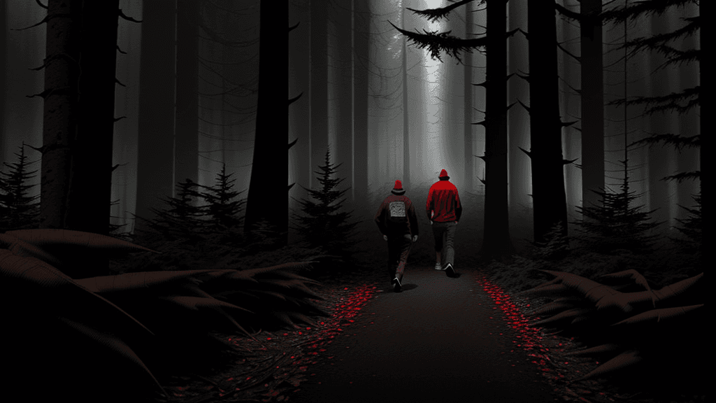 AI generated: Cover for a horror movie. The picture shows a man in a brown cap, a brown shirt and red converse wal...