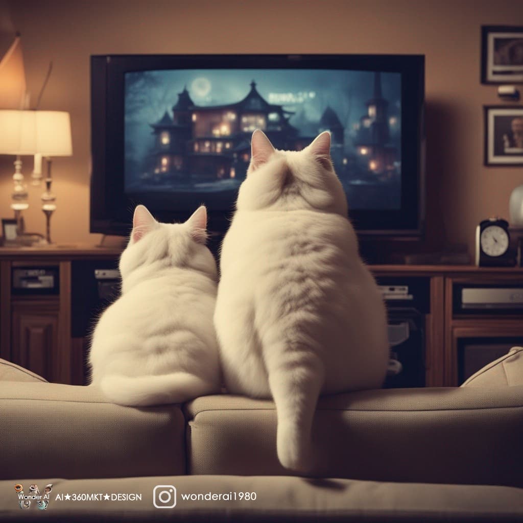 AI generated: anthropomorphic cute fat cats sitting on the couch watching Television, ([4K Television:10] broadcas...