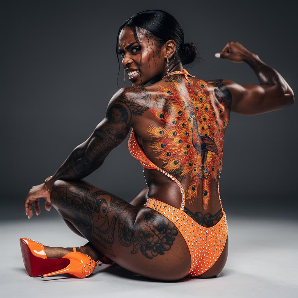 AI generated: An ebony woman named Desiree is completely covered in intricate tattoos including a massive fiery pe...