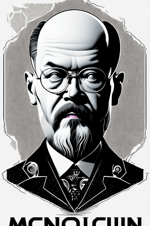 AI generated: A shockingly detailed monochromatic vector illustration of "Mr. Lenin" examining a strange and other...