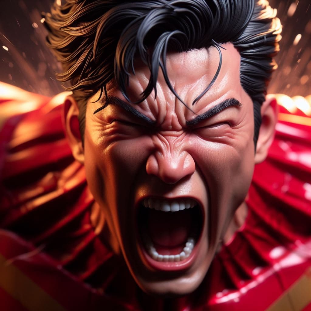 AI generated: close up of Shang-Chi of Marvel screaming, in a fit of rage, Masterpiece, gigantic scale, ascii-art ...