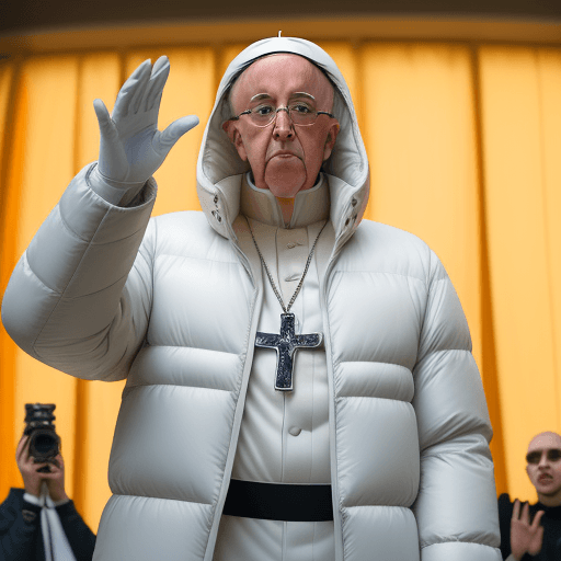 AI generated: Catholic Pope Francis wearing Balenciaga puffy jacket in drill rap music video, throwing up gang sig...