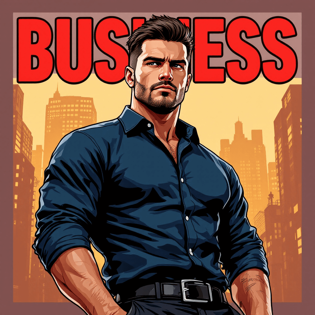 AI generated: Cartoon illustration, comic book cover featuring a handsome man, dark burst-taper hair, trimmed shor...