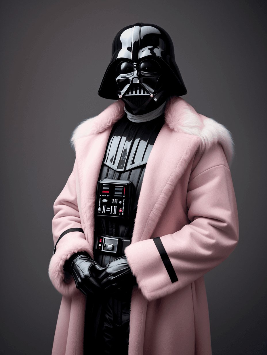 AI generated: (Renaissance) painting of darth vader in pink fur as a fashion model, vogue, oil paint on dark backg...