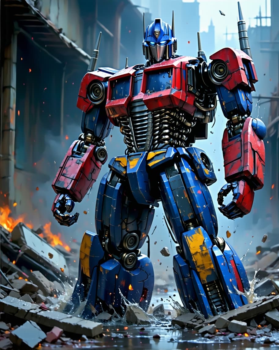 AI generated: painting style, urbanpunk, low angle shot, a cybernetic samurai Optimus Prime in a post-apocalyptic ...