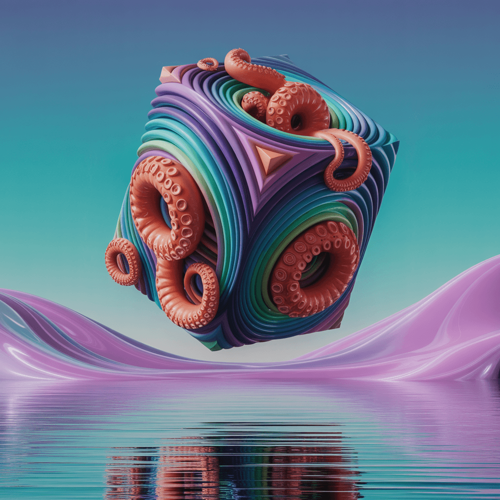 AI generated: psychedelic, surrealist abstract sculpture, floating cubic sculptures layered with elaborate swirlin...
