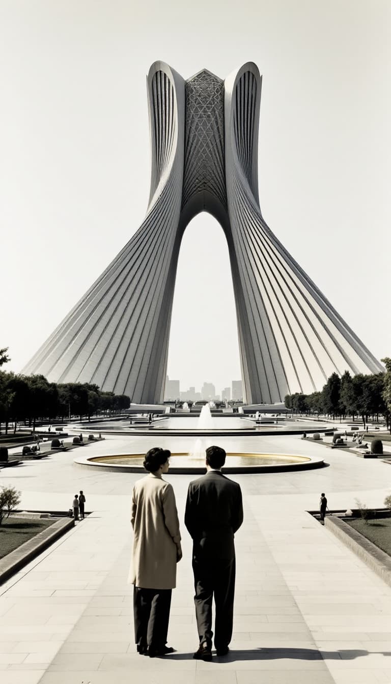 AI generated: A young couple from the 1950s stands in Tehran’s iconic **Azadi Square (formerly Shahyad Square)**, ...