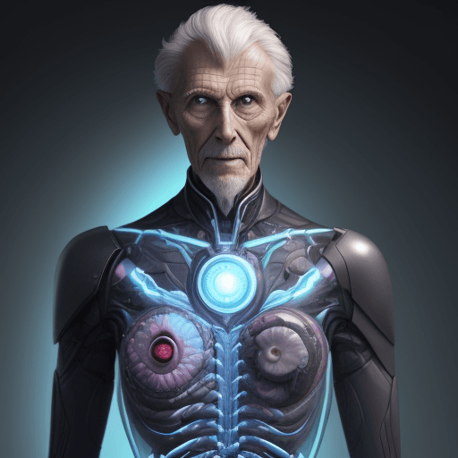 AI generated: man of the future who lives till 150 yaes in metavers changing his organs as they old