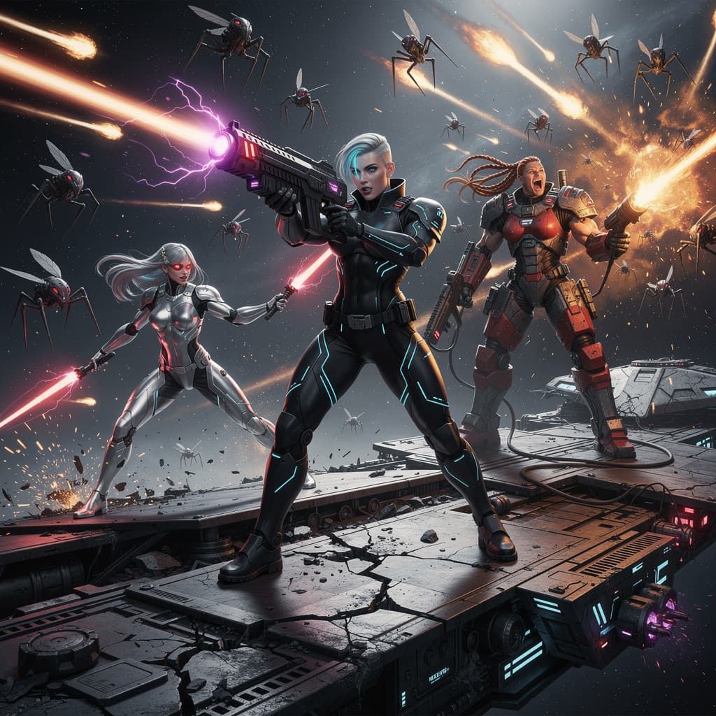 AI generated: A stunningly beautiful and fierce female space marine heroine with sharp angular features, piercing ...