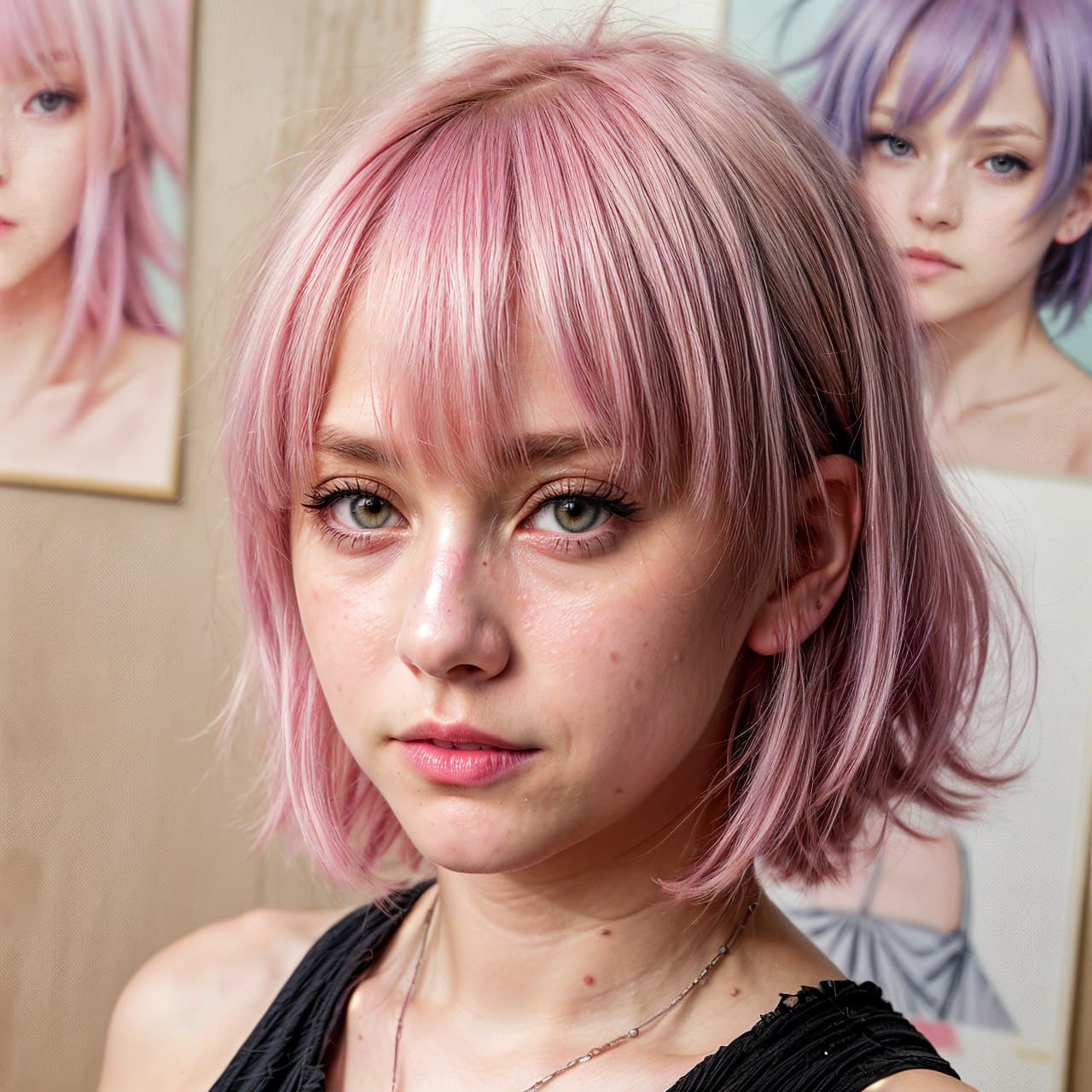AI generated: Characters from anime, young goth girl, short pastel pink hair with bangs, Studio Ghibli, Akihiko Yo...