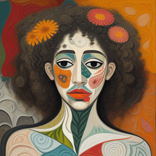 AI generated: abstract painting of woman face, flower printed skin, flower patterns on face, stem patterns, flower...