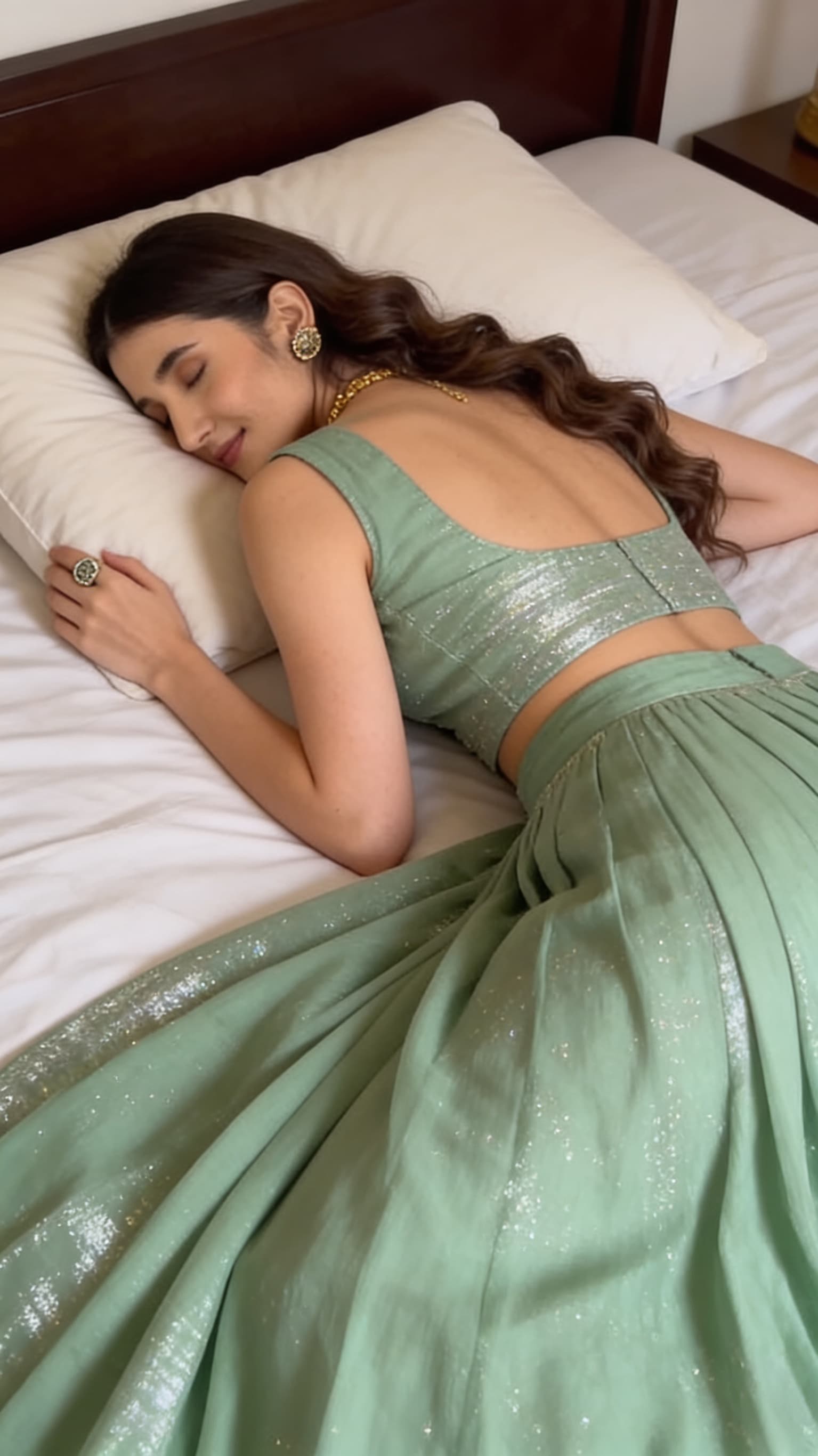 AI generated: Create a High Ultra Realistic picture as this Pakistani blogger Umara is sleeping face down lying on...