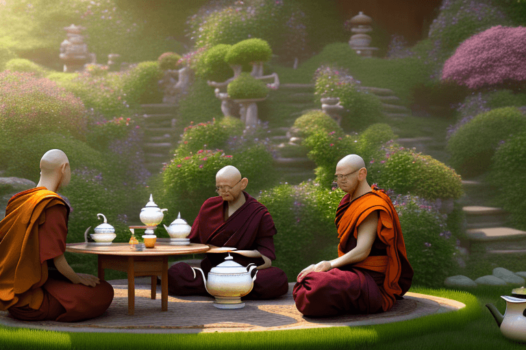 AI generated: High resolution portrait beautiful lively garden, some student monks, cup of tea and teapot, wooden ...