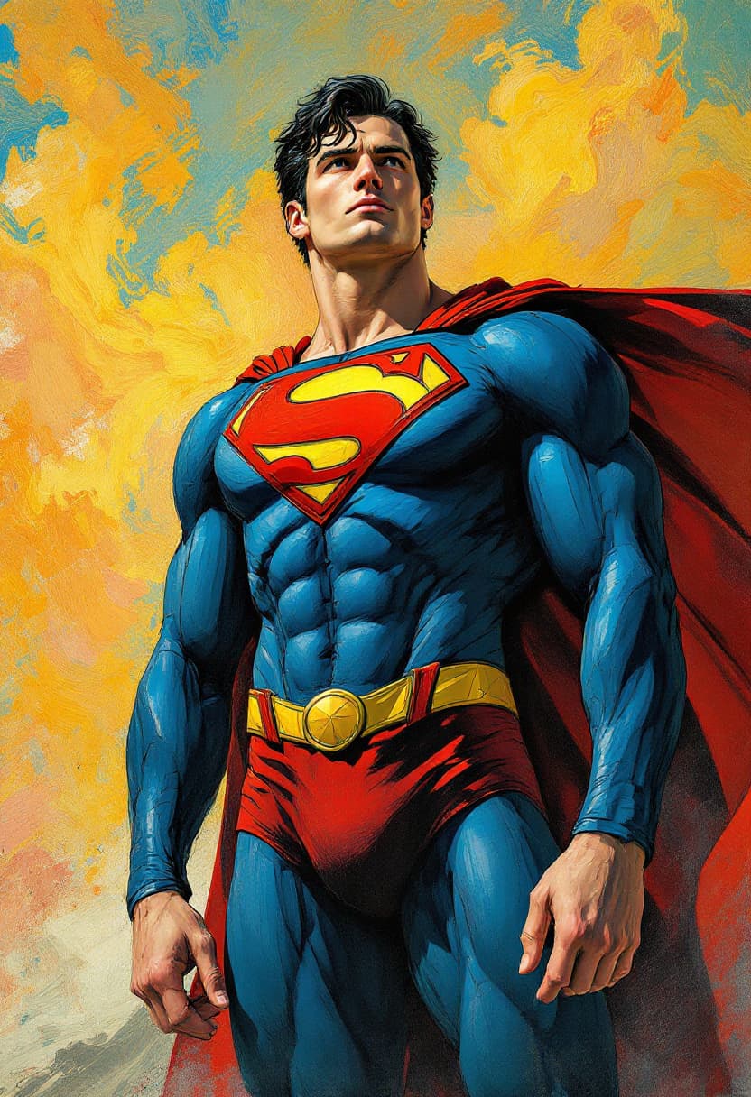 AI generated: fullbody Portrait tilted at 45 degrees, dynamic pose,  Superman, Art Nouveau, Neo-Impressionism, cha...