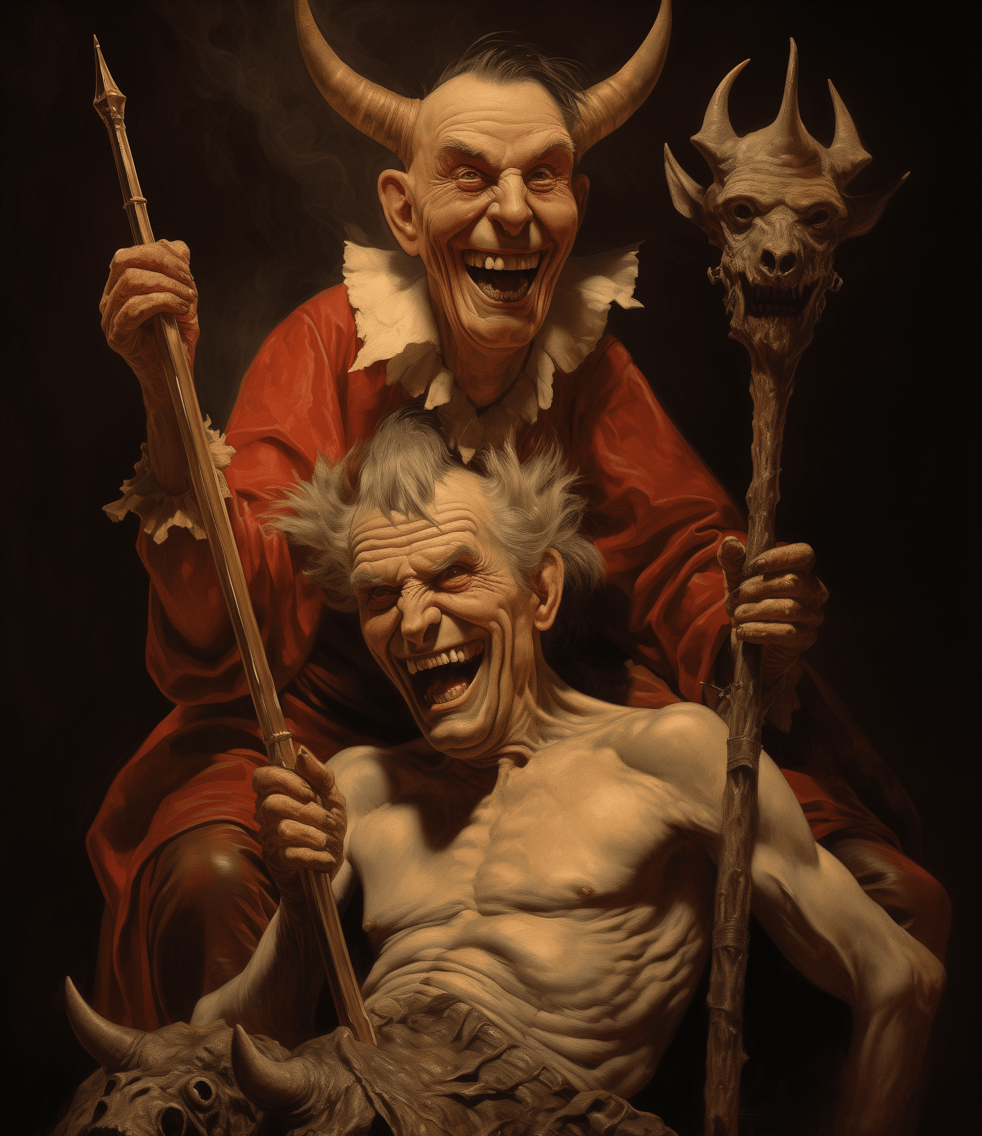 AI generated: A caricature of an elf and Satan holding brooms, in the style of James Tissot, William Mortensen and...
