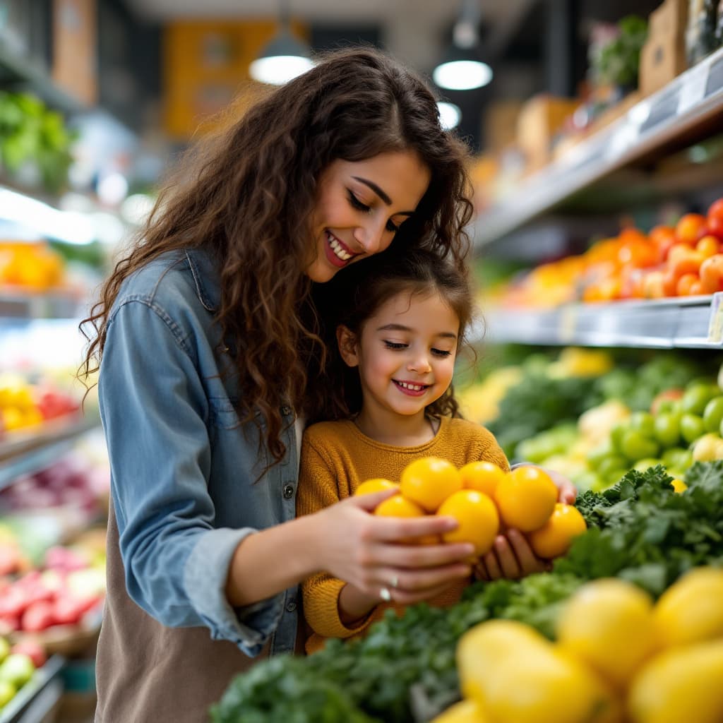 AI generated: a beautiful house wife and pretty daughter go to supermarket, buy fruit, Rich colors.