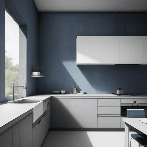 AI generated: Kitchen island, eggshell-finish concrete, contrasted against a tall, muted indigo wall for a modern ...
