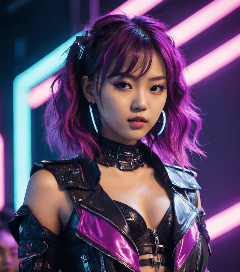 AI generated: neonpunk style {20-year-old Japanese pop idol, on stage, lively dance, singing, cute appearance, ene...
