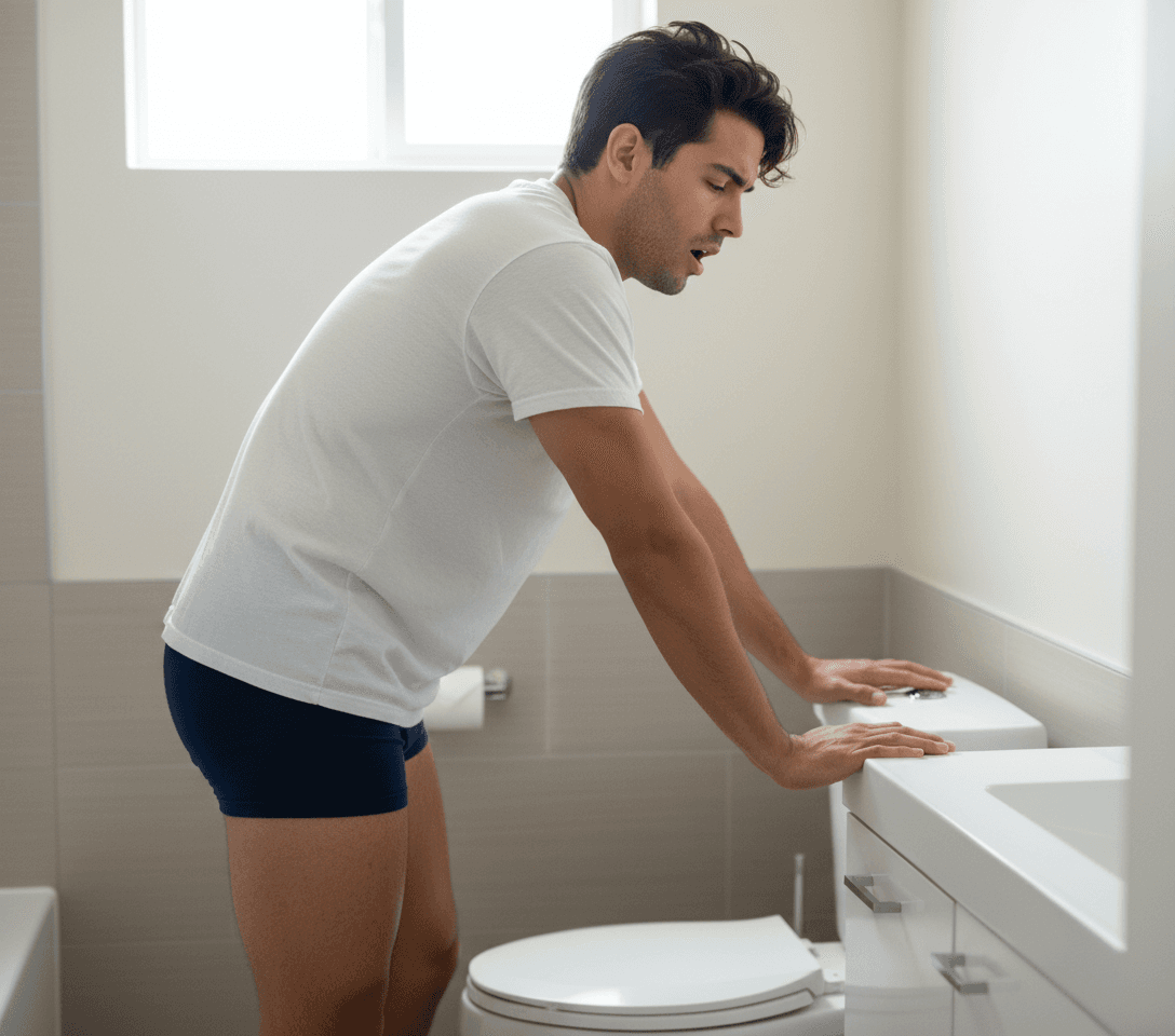 AI generated: Hispanic male, brown skin 5'0" tall waking up  standing next to the toilet,  wearing a white light g...