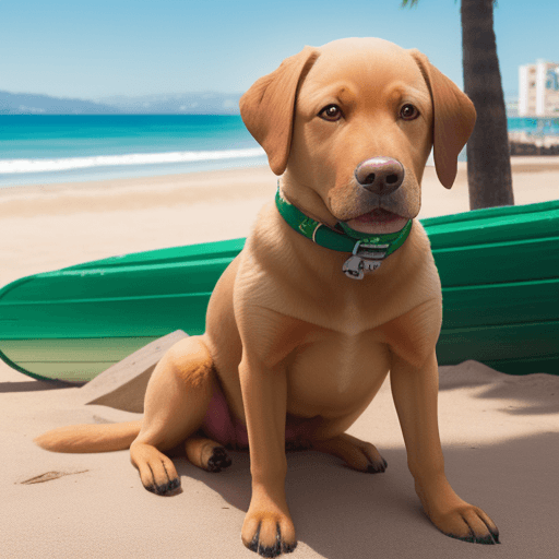 AI generated: foto realista de una perra labrador color miel, de ojos verdes y nariz café. el fondo es una playa s...