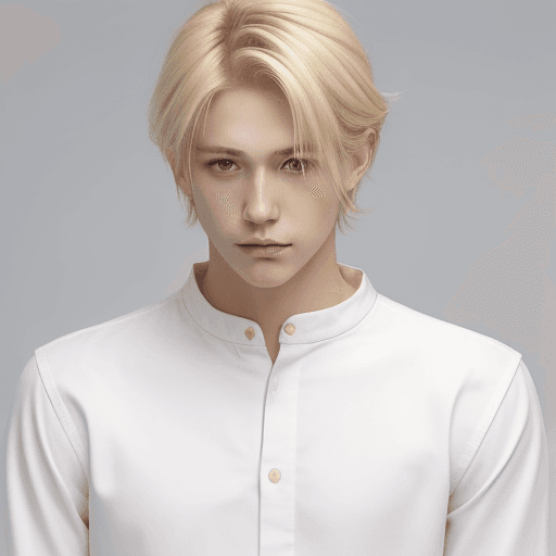 AI generated: A very calm and cool looking guy, blonde hair, wearing something white/peach, no smiling