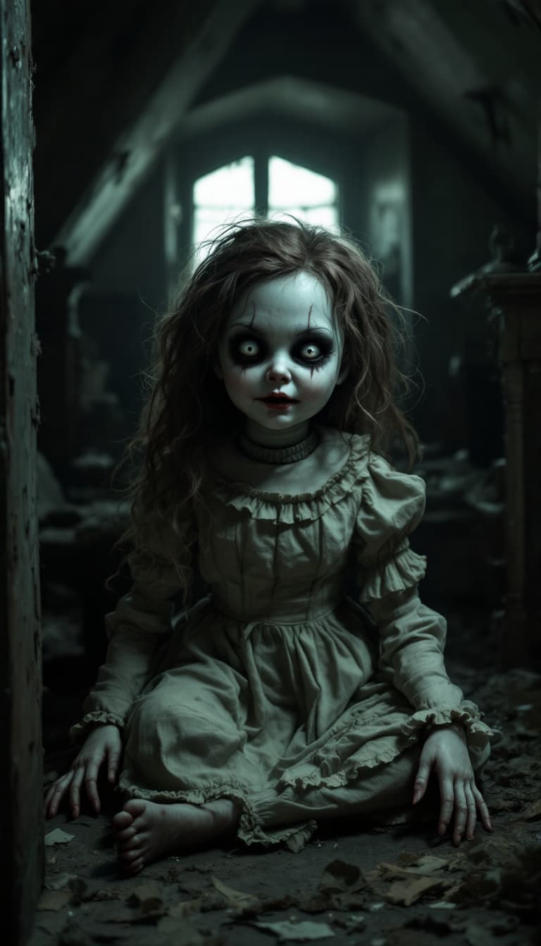 AI generated: realistic horror, creepy life-size doll lady, eerie attic background, dramatic shadows, dim lighting...