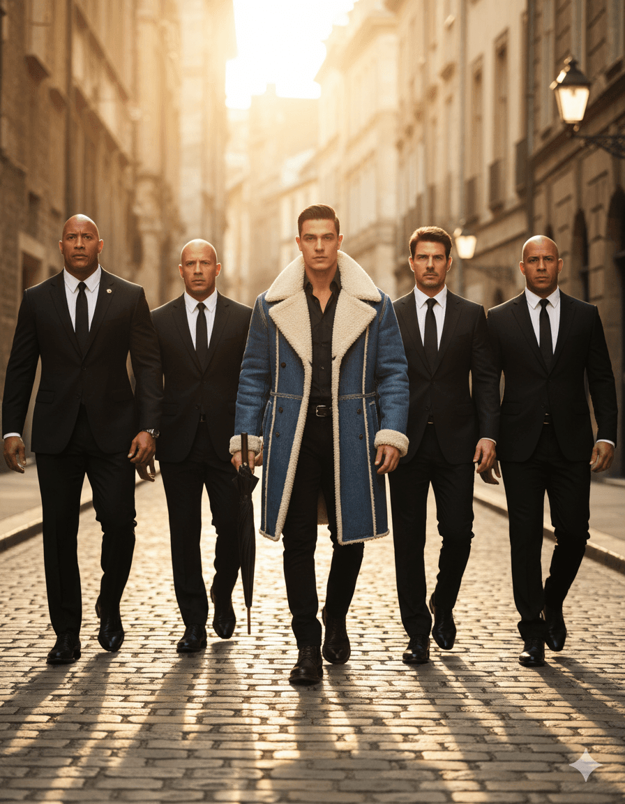 AI generated: A hyper-realistic cinematic photo of a stylish man in the center wearing a long blue denim shearling...