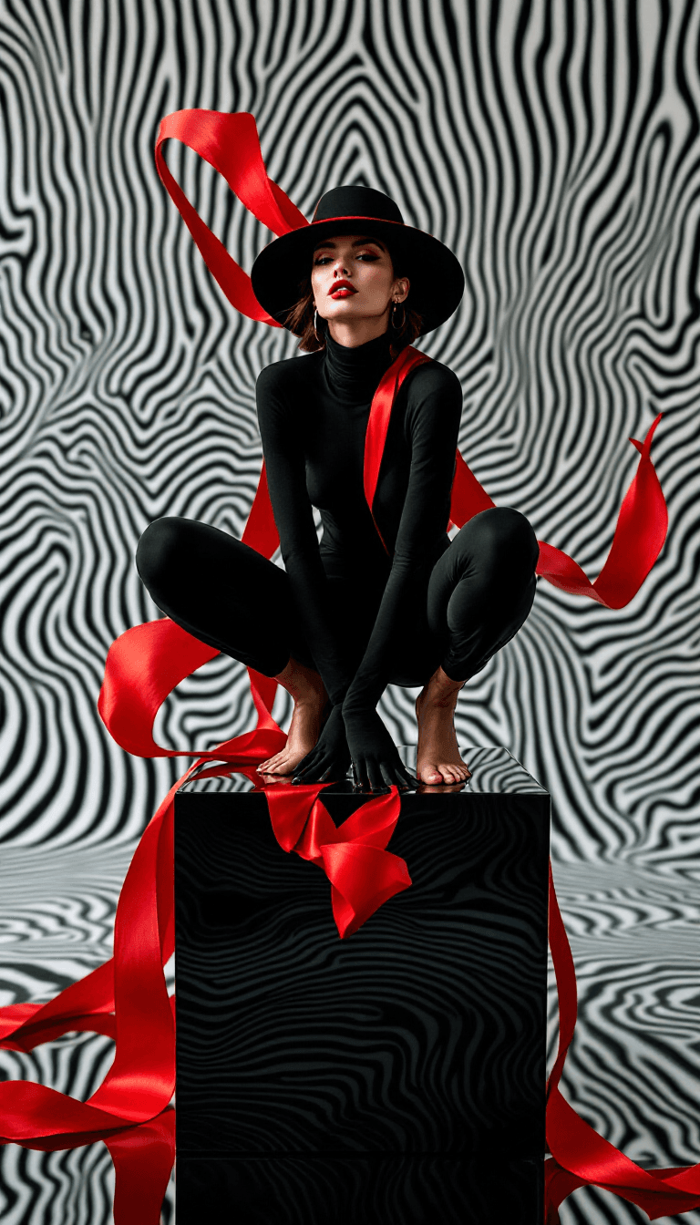 AI generated: This fashion photograph captures a mesmerizing composition of a woman elegantly squatting atop a glo...