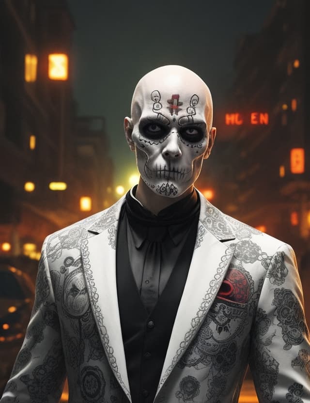 AI generated: high detail, colorful, sugar skull man, white thin bald man, hitman style, night atmosphere at Hallo...