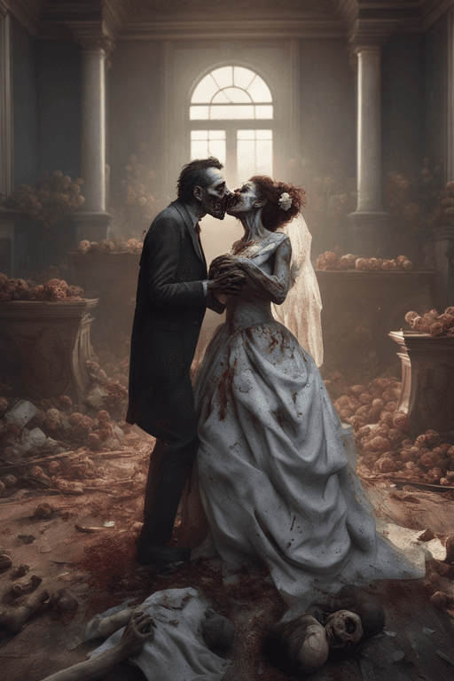 AI generated: A zombie Wedding,Kissing,all person are Zombies, perfect composition, beautiful detailed intricate i...