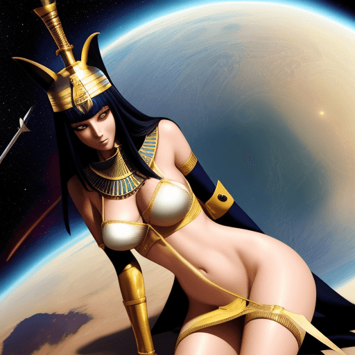 AI generated: sexy pharaoh girl with sword in space