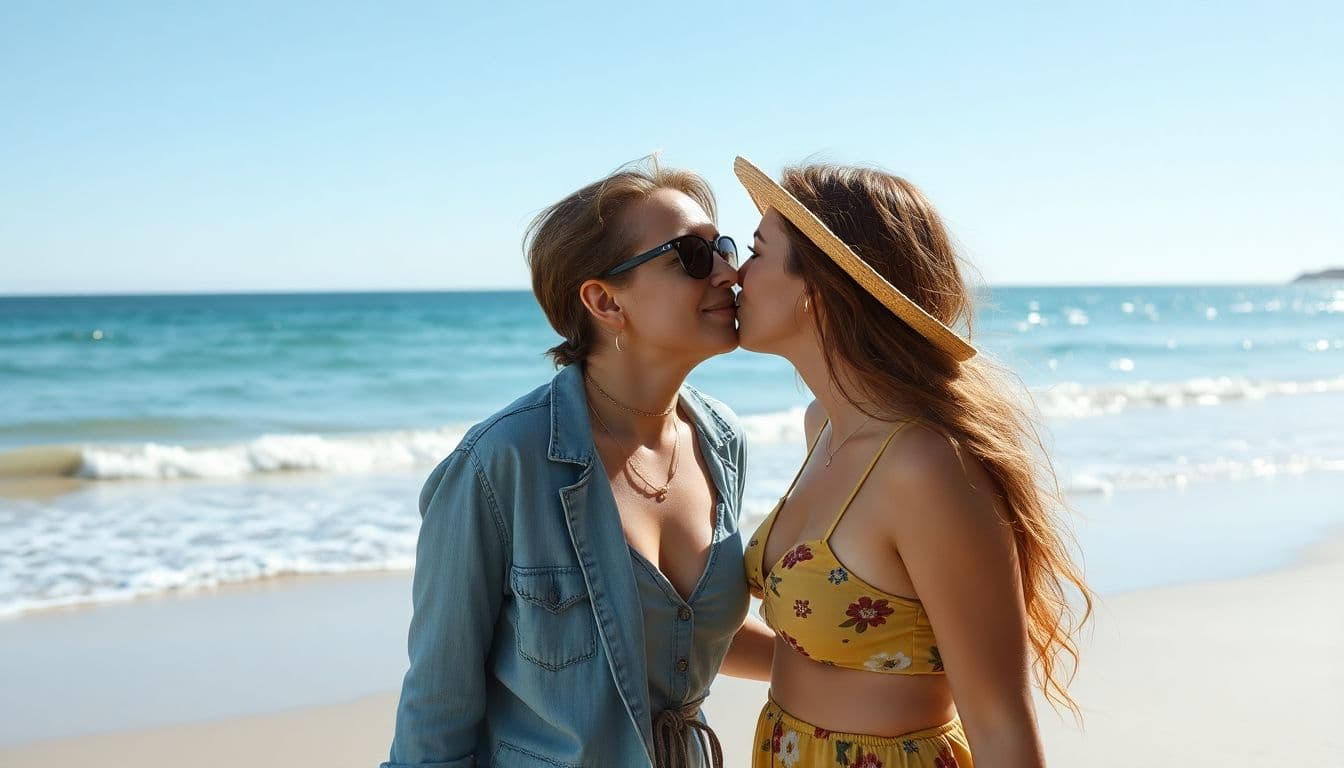 AI generated: two women in beach kiss together