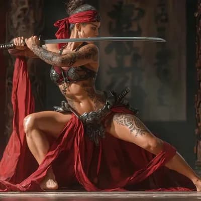 AI generated video: the  trying some thrusts with the sword
