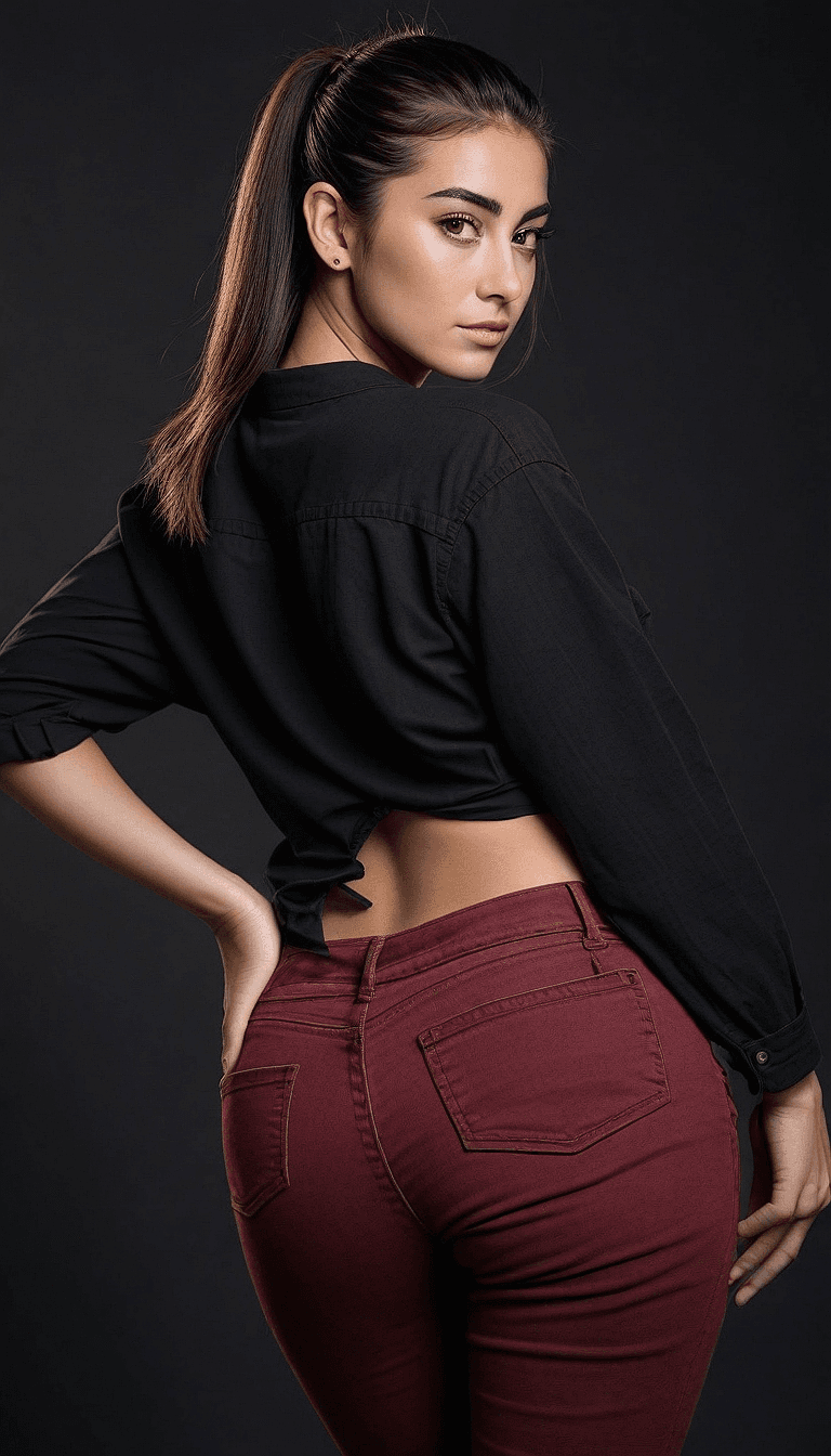 AI generated: The image depicts a stylishly dressed woman in a black shirt and red pants, standing in a room with ...