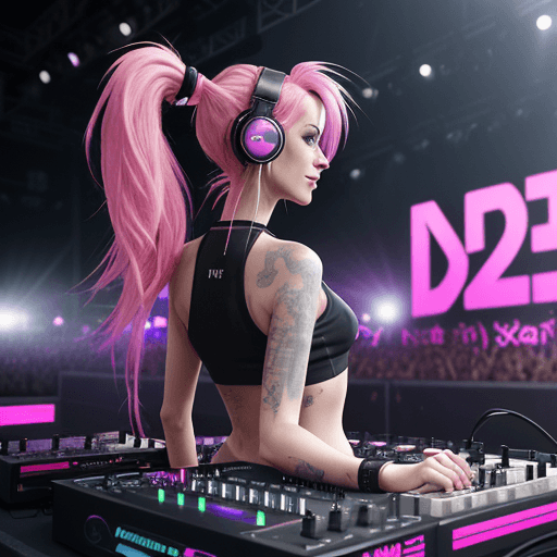 AI generated: RAW photo of female DJ, 24 years old, skinny, (futuristic DJ set:1.2), bright pink hair, messy ponyt...