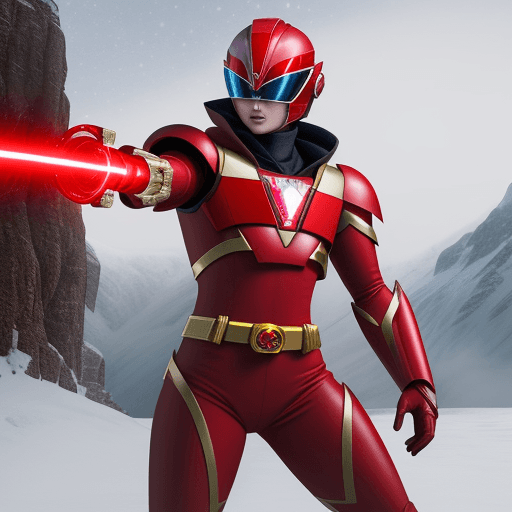 AI generated: we are seeing ztenzila in a red power ranger suit, holding a red laser sword and in a snow mountain ...