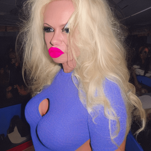 AI generated: Pamela Anderson, blue eyes glow,Bimbo,blonde hair,bimbo lips,blue eyes,fit female,athletic female,bl...