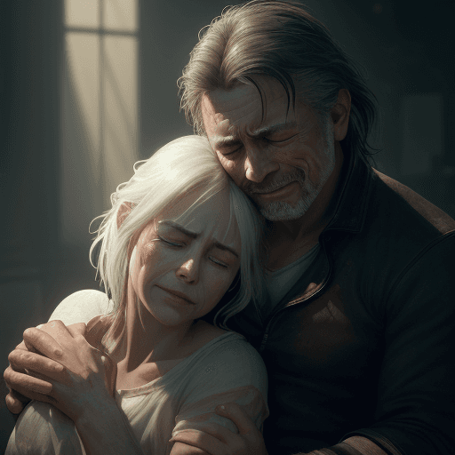 AI generated: Photo of a ultra realistic man cries on a woman's lap while the woman grins merrily and strokes his ...