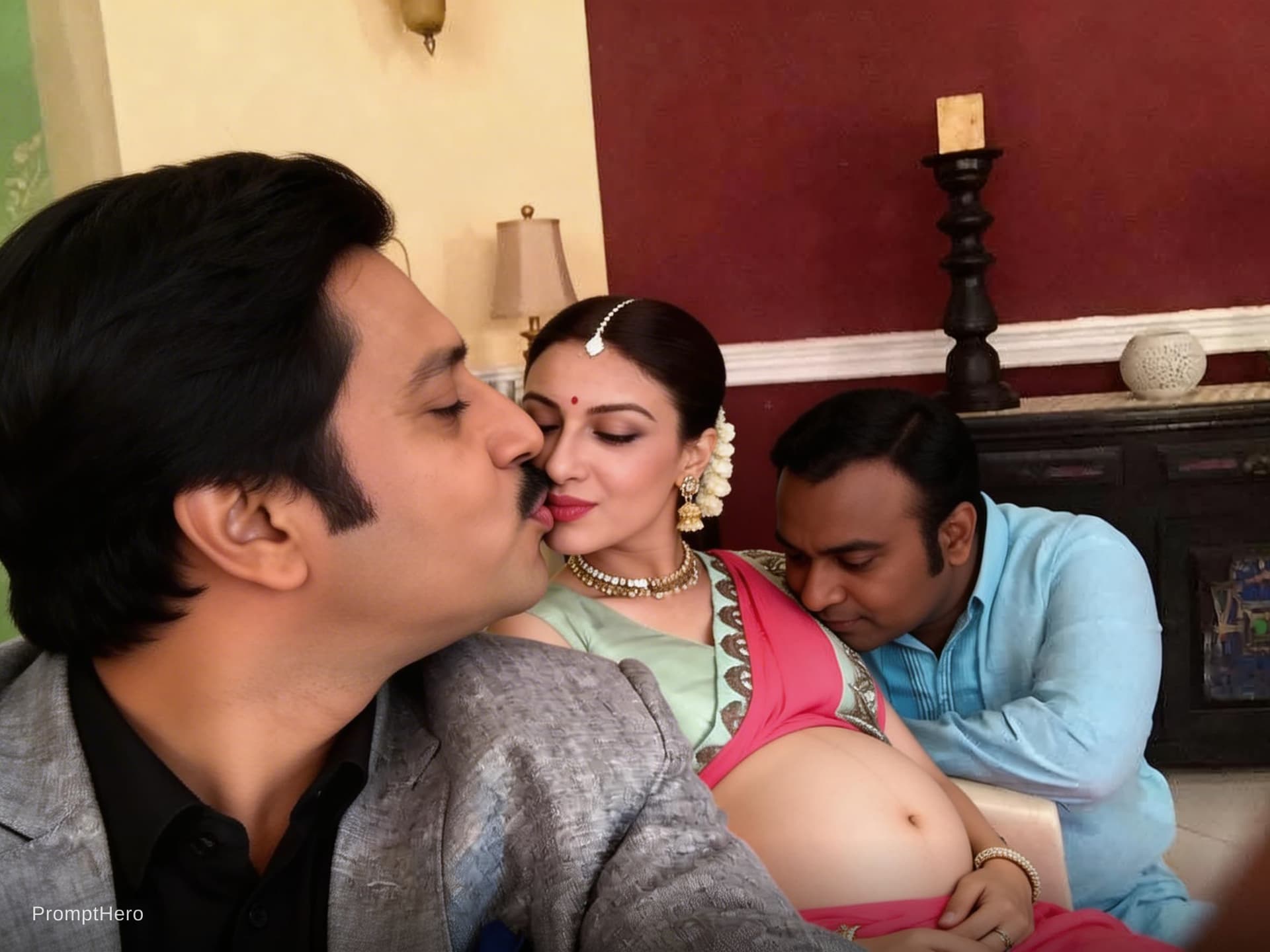 AI generated: One guy kissing the woman lips and second guy kissing the woman belly